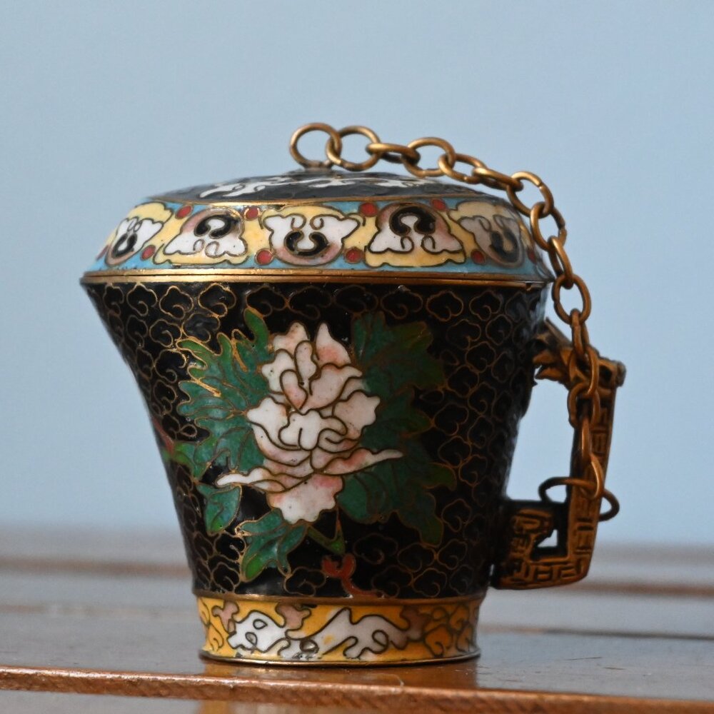VTG Chinese Cloisonné 2" Lidded Pot Dragon Handle Black Floral